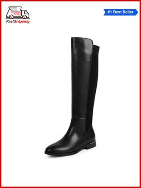 ✨ Modatope Rounded Toe Flat Stretchy Knee High Boots Side Zipper Faux Leather